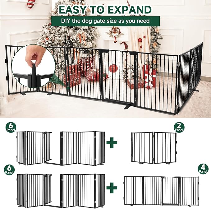Snagle Paw Full Metal Freestanding Dog Gate with Door, 120” W x 32” H Pet Gate with Support Feet for Doorways, Stairs and Hallways, Portable Dog Fence for Indoor Use (32" 6 Panel, Black)