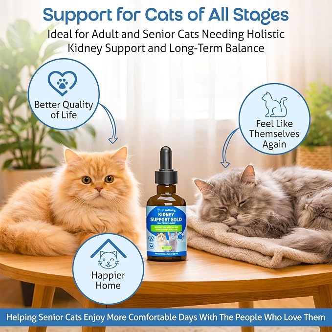 Pet Wellbeing Kidney Support Gold for Cats - Supports Normal Kidney Function & Detox, Healthy Hydration & Energy with Rehmannia & Dong Quai - NASC Certified & Vet-Formulated - 2oz Liquid Formula
