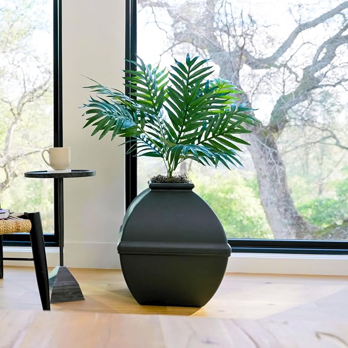Good Pet Stuff Courtyard Hidden Litter Box Planter, Decorative Cat Litter Enclosure with Carbon Filter, Artificial Palm Plant, Square Design, Easy to Clean, Base Kit, Black Suede