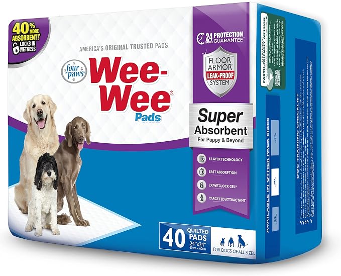 Four Paws Wee-Wee Super Absorbent Unscented Pee Pads for Dogs & Puppies with Insta-Rise Border, Leak-Proof Dog Housebreaking Potty Training Floor Protection, 24" x 24", 40 Count