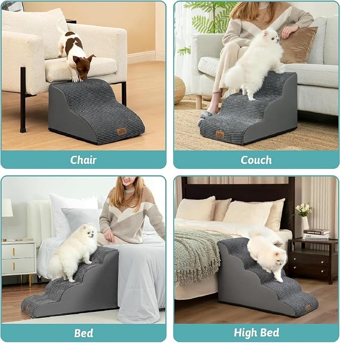 COZY KISS Wide Dog Stairs for Small Dog 15.7" H, Pet Step for Puppy, Older Cat, Curved Ramp for Couch, Durable Anti-Slip Ladder with High Density Foam, 3 Step, 17.7x22.4x15.7 inch, Charcoal Grey