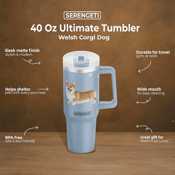 SERENGETI 40 Oz Ultimate Tumbler with Handle and Straw - Vacuum Insulated Tumbler with Straw and Lid - Stainless Steel Travel Mug for Pet Lovers - 3D Designs of your favorite Dog (Welsh Corgi)