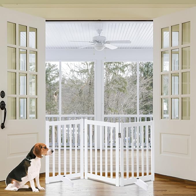 LZRS Freestanding Dog Gate 30 inch Tall - 3 Panels Solid Wooden Pet Gate for Doorways, Stairs & Hallways, Expandable & Foldable with Support Feet,Indoor Use,White