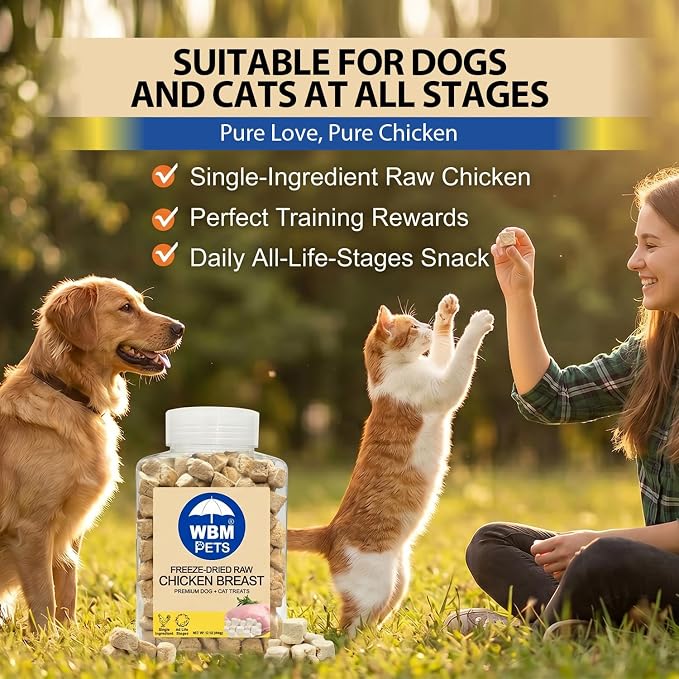 WBM Pets Freeze Dried Dog Treats | Chicken Breast, Single Ingredient | Premium Quality | Grain Free Training Treats for Dogs & Cat, 12 oz Plastic Jar