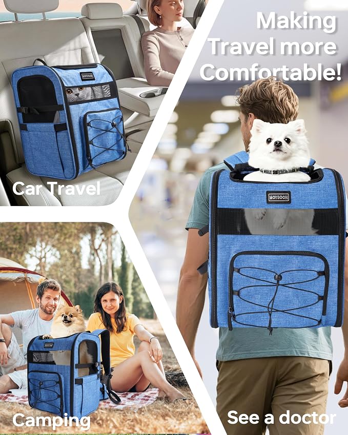 Hiking Dog Carrier Backpack, Adjustable Waist Cushioning Belt with Breathable Padded Back Support, Dog Carrier for Hiking with 5 Pockets, Dog Carrier Backpack for Small Dogs Max 13LB Blue