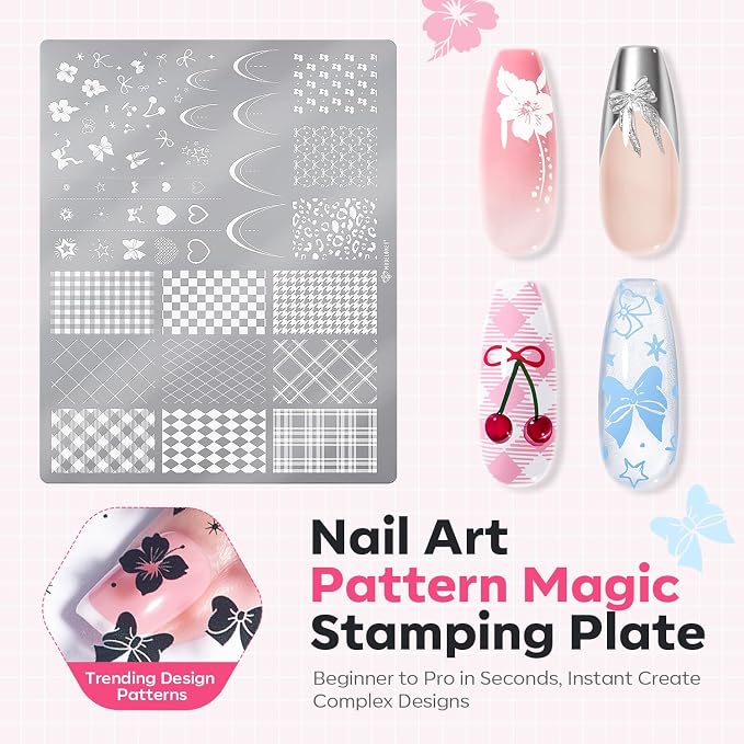 Modelones 16PCS Plaid Nail Stamping Kit – French Tip Stamper White Black Painting Gel Polish Chrome Powder Proof Matte Gel Top Coat Gingham Template Dual Nail Art Brush Summer Manicure Gift for Women
