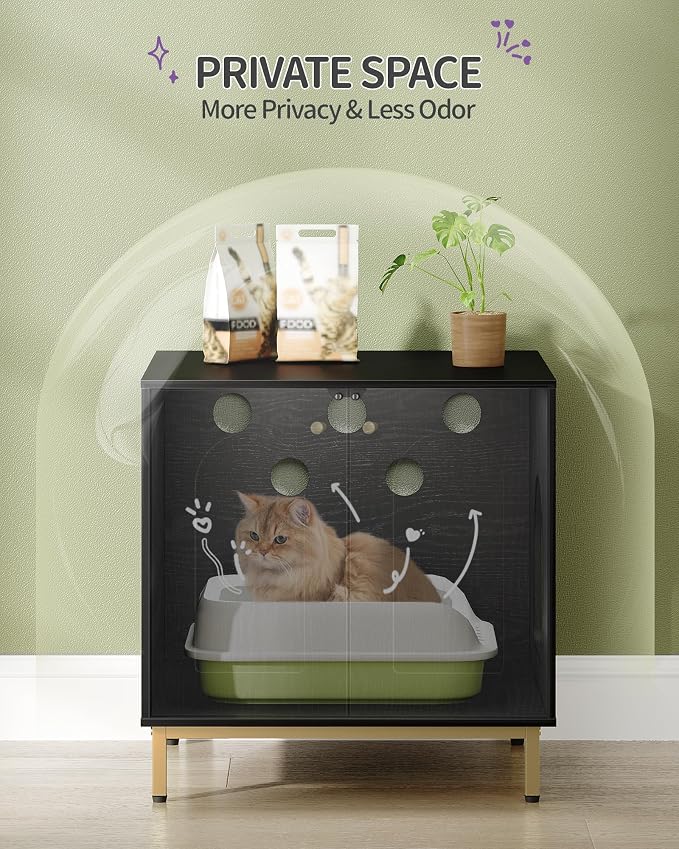 Hzuaneri Cat Litter Box Enclosure, Hidden Litter Box Furniture Cabinet, Wooden Indoor Cat House, Side End Table, Living Room, Bedroom, Black and Gold CB81204G