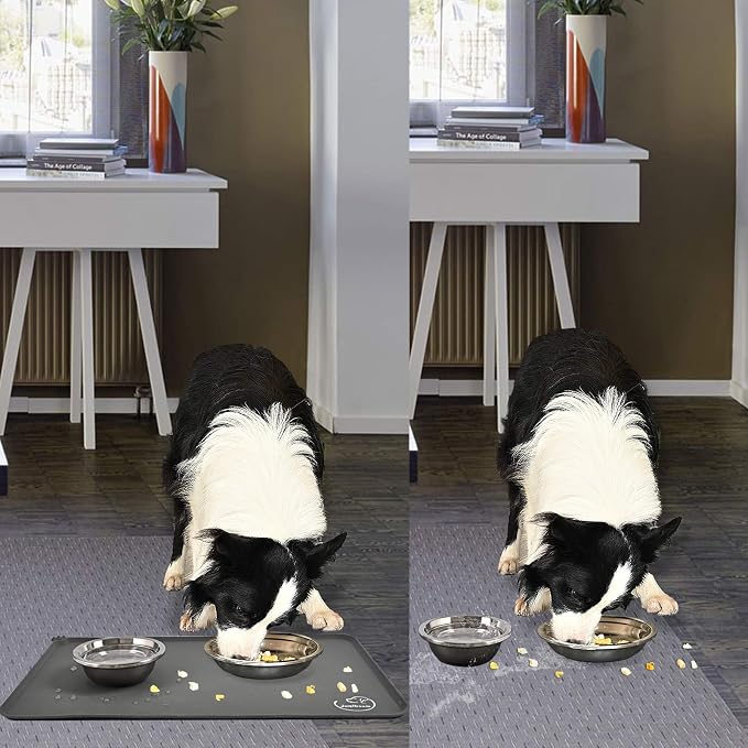 Silicone Waterproof Dog Cat Pet Feeding Mats, Non Slip, Easy Clean Pet Dog Cat Bowl Mats Placemat (24" x 16") Grey