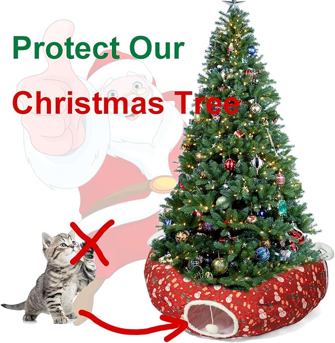 Cat Tunnel Bed in 3FT x 3FT x 9.8IN - Decorative Christmas Style with Snowman and Glove Patterns - Red Color Perfect for Festive Felines