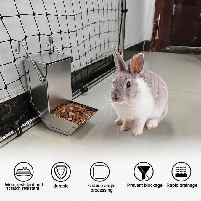 Small Animal Gravity Feeder 4 Pcs - Stainless Steel Pet Feeding Rabbits Feeder, Anti-Corrosion Durable with Sliding Lid for Indoor Outdoor Cage Use