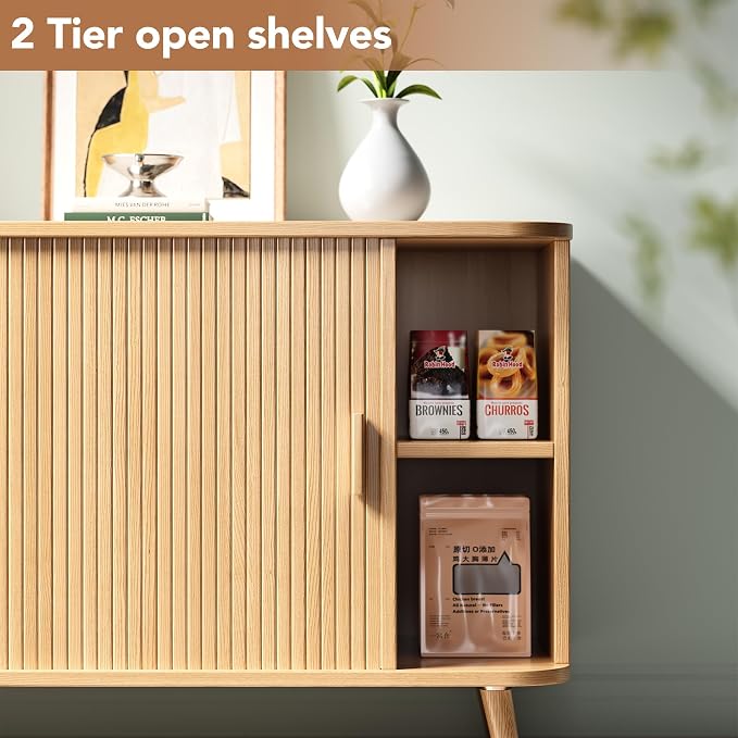 35.4" Cat Litter Box Enclosure with Sliding Door – Wooden Hidden Litter Box Furniture with 2-Layer Shelves, Side End Table for Living Room, Oak