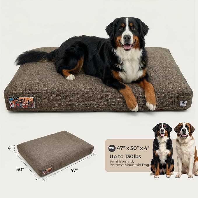 Sytopia 47 Inch Indestructible Durable Dog Beds for XXL Dogs, Chew Proof Waterproof Pet Crate Pad with Machine Washable Removable Cover, Great for Indoor, Outdoor, Crate, Patio Use, Brown