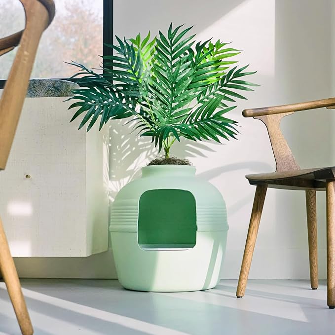Good Pet Stuff Original Hidden Litter Box Planter, Decorative Cat Litter Enclosure, Carbon Filter, Faux Plant, Easy to Clean, Round Design, Removable Tray, Essentials Kit, Palm Plant, Mint Green
