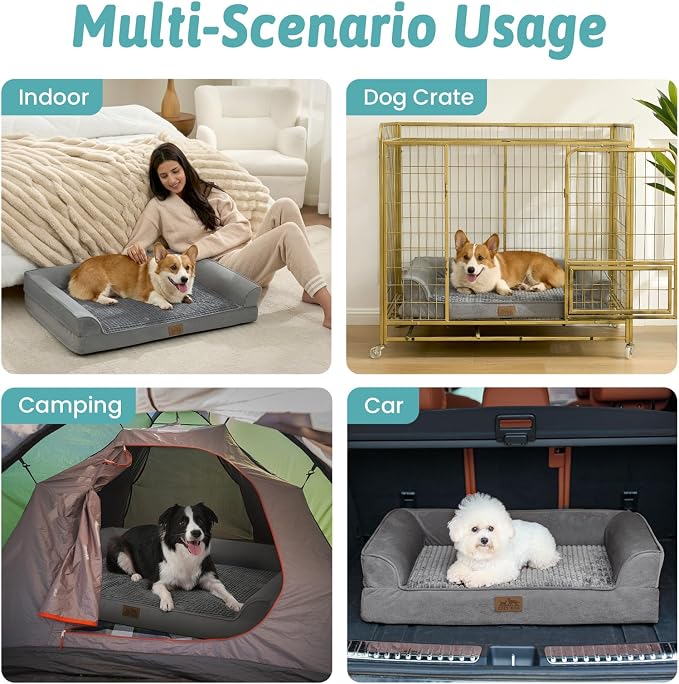 COZY KISS Orthopedic Large Dog Beds, Bolster Pet Couch with Waterproof Lining, Egg Crate Foam Sofa for Pets Up to 65 lbs, U-Shaped, 36x27x6.5 inch, Grey