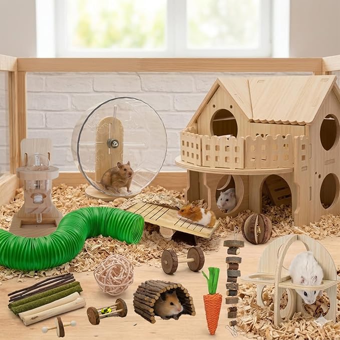23 PCS Hamster Toys & Accessories Set – Wooden Maze House, Silent Exercise Wheel, 17 Pcs Chew Toys, Water Bottle & Hamster Fitness Toy for Hamsters, Rats & Small Animal Cage Accessories (Green)