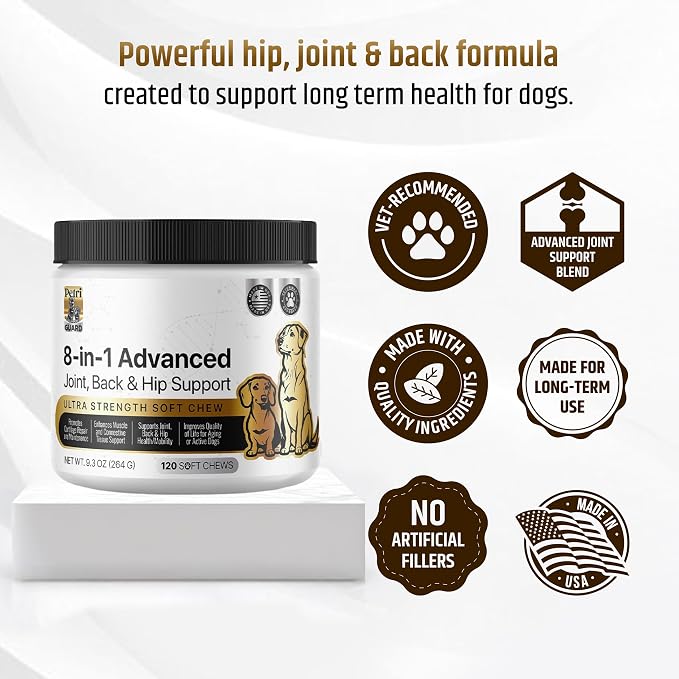 PetriGuard | Advanced Hip, Back & Joint Supplement for Dogs | Ultra Strength Formula w/ 8 Active Ingredients | USA Made & Veterinarian Approved | Glucosamine, Turmeric, MSM + 5 More - 120 Chews