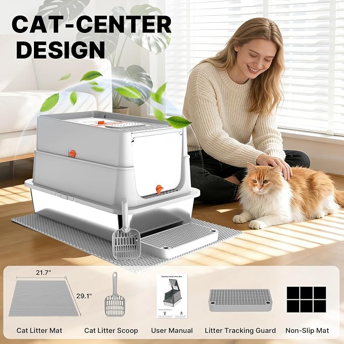 Stainless Steel Litter Box with Flip Lid, XL Extra Large Cat Litter Box with High Sided Top Entry Design, Anti-Leakage Enclosed Metal Litterbox for Big Cats, with Handle, Mat, Pedal & Scoop Light Grey