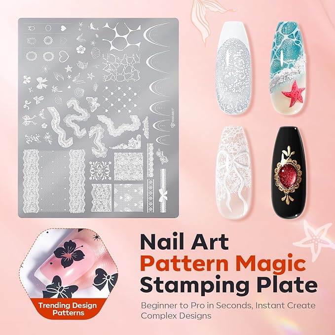 Modelones 16PCS Lace Nail Stamping Kit, French Tip Stamper White Black Painting Gel Polish Chrome Powder Proof Matte Gel Top Coat Gingham Template Dual Nail Art Brush Spring Manicure Gift for Women
