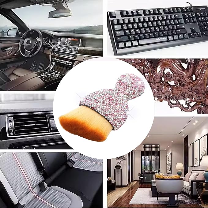 Car Interior Brush Blingbling Car Accessories for Women,2Pack Dust Sweeping Soft Brush with Rhinestone Handle,Detailing Brush Cleaner for Air Conditioner Vents, Computer Keyboard, etc (Pink 2PCS)