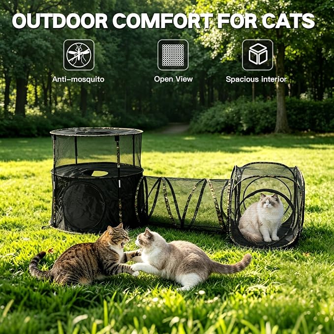 CypherX 3 in1 Catio Outdoor Cat Enclosure, 2-Tier Cat Tents with Tunnels for Indoor Cats/Pop Up Cube, Pet Tower Playpen with Tunnels and Tents, Portable Pet Playhouse for Outside, Patio (Camo)