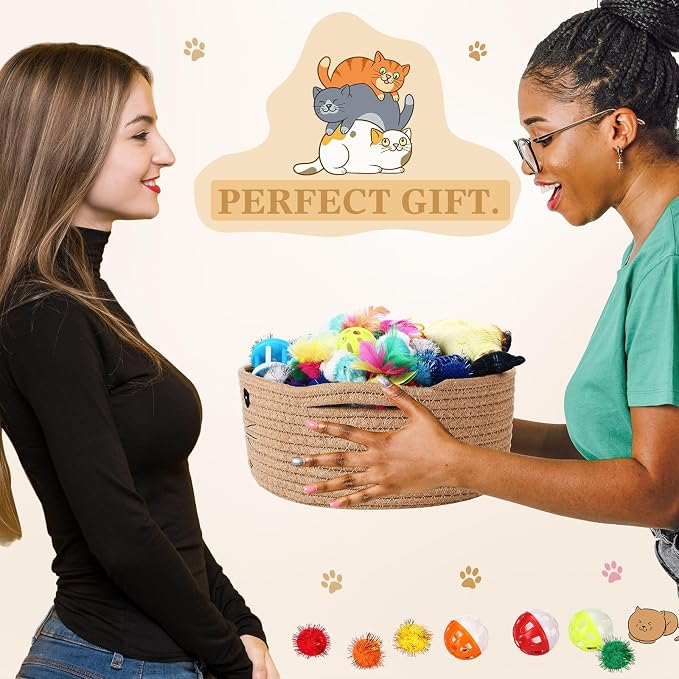 Zopeal 58 Pcs Summer Graduation Cat Storage Basket Gift Toys Set, Colorful Flashing Balls Pet Bell Crinkle Balls Spring Toys Attract Cat to Swat, Hunt, Interactive for Pet(Khaki,9.8 Inch)