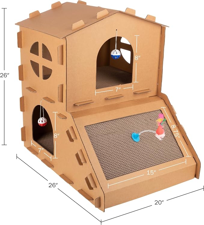 Cat House - Cardboard Cat House with Scratching Pads, Toys, and Catnip - Multi-Level Cat Houses for Indoor Cats, Kittens and Small Animals by PETMAKER