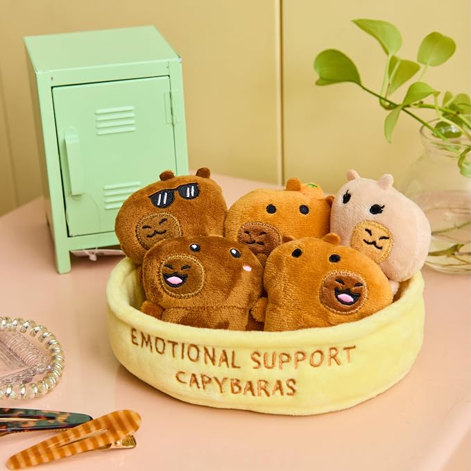 Emotional Support Capybaras by Relatable - PAL Award 2025 Winner, Cuddly Stuffed Animals and Plushies Set, Great Gift for Loved Ones of All Ages - Includes 5 Capybara Plush Toys with Carrying Basket