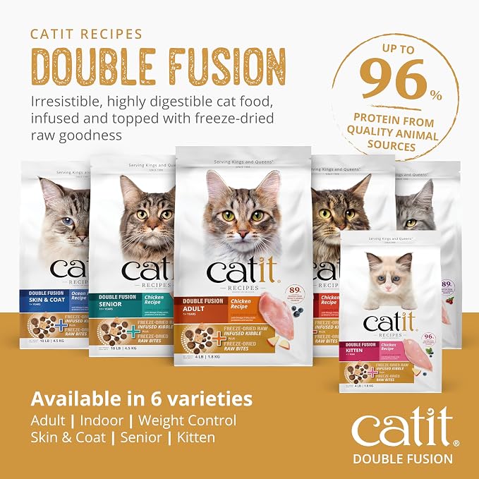 Catit Recipes Double Fusion Skin & Coat Cat Food – Ocean Fish Recipe, High-Protein, Freeze-Dried Raw Toppings, Omega-Rich for Healthy Skin & Fur, No by-Products, Minimally Processed, 4 lb