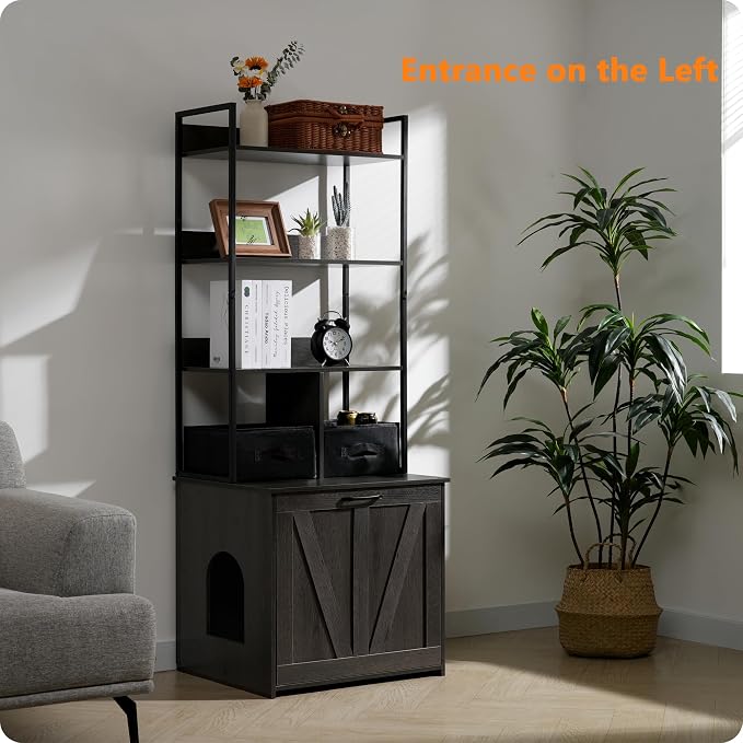 Dwanton Litter Box Enclosure with 3 Storage Shelves and 2 Drawers, 2-in-1 Hidden Cat Litter Box Enclosure Furniture with Shelf, Reversible Entrance, Washable Drawers, 61.8-Inch, Dark Grey
