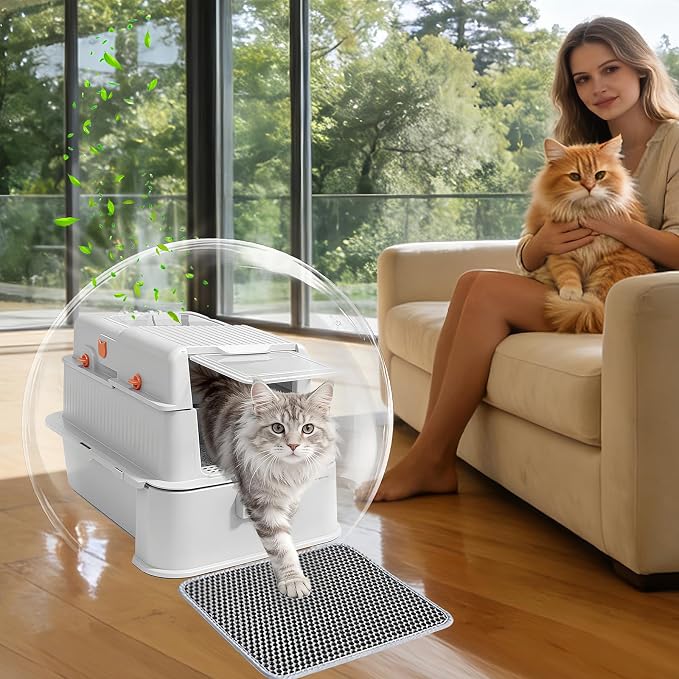 Homegroove Enclosed Stainless Steel Cat Litter Box with Drawer, XL Large Metal Cat Box with Lid for Indoor Cats, Metal Covered Litter Pan with Litter Scoop& Pedal (Light Gray)