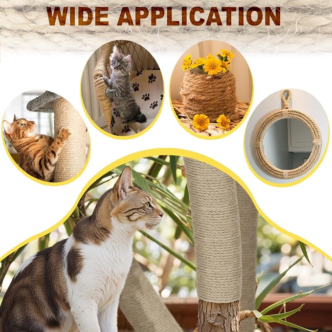 Cat Window Perch, Cat Hammock Window Seat w/Free Fleece Blanket White & 164 FT 4MM Sisal Rope Kits with Hot Glue Gun and Glue Sticks Replacement for Cat Scratching Post Toys Indoor