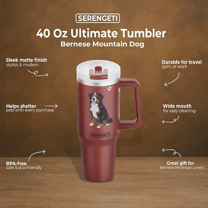 SERENGETI 40 Oz Ultimate Tumbler with Handle and Straw - Vacuum Insulated Tumbler with Straw and Lid - Stainless Steel Travel Mug for Pet Lovers - 3D Designs of your favorite Dog (Bernese Mt. Dog)