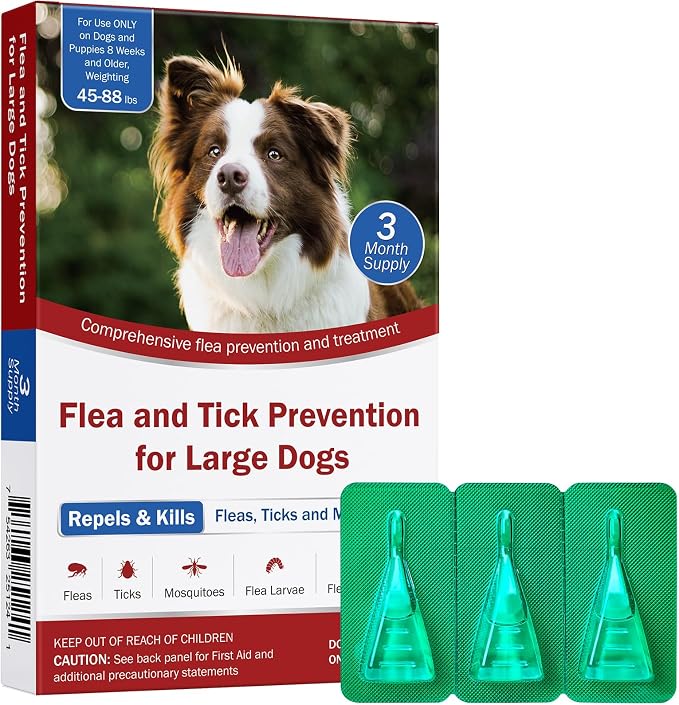 Flea and Tick Prevention for Dogs, Large Dog Flea, Tick & Mosquito Control, Repellent, 44-88lbs, 24-Hour Protect, 3-Month Supply, Flea Supplements for Dogs