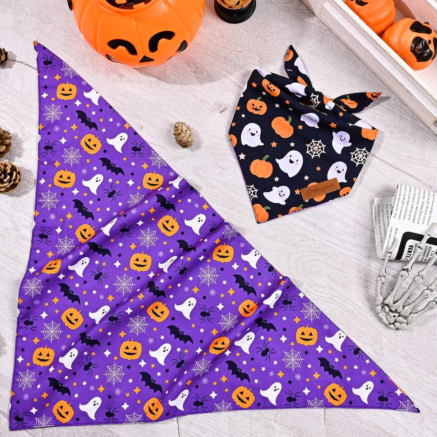 2 Pack Halloween Dog Bandanas,Leather Brand Logo, Double-Layed Soft Skin-Friendly Fabric, Autumn Scarf Accessory for Boys & Girls,Suitable for Halloween, Daily Walks & Family Outings