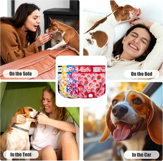 wegreeco Female Dog Diapers, Washable Reusable Pet Puppy Doggie Diapers for Small Medium Large Female Dogs in Heat Period, Doggy Period Panties, 5 Pack, Large, Strawberries