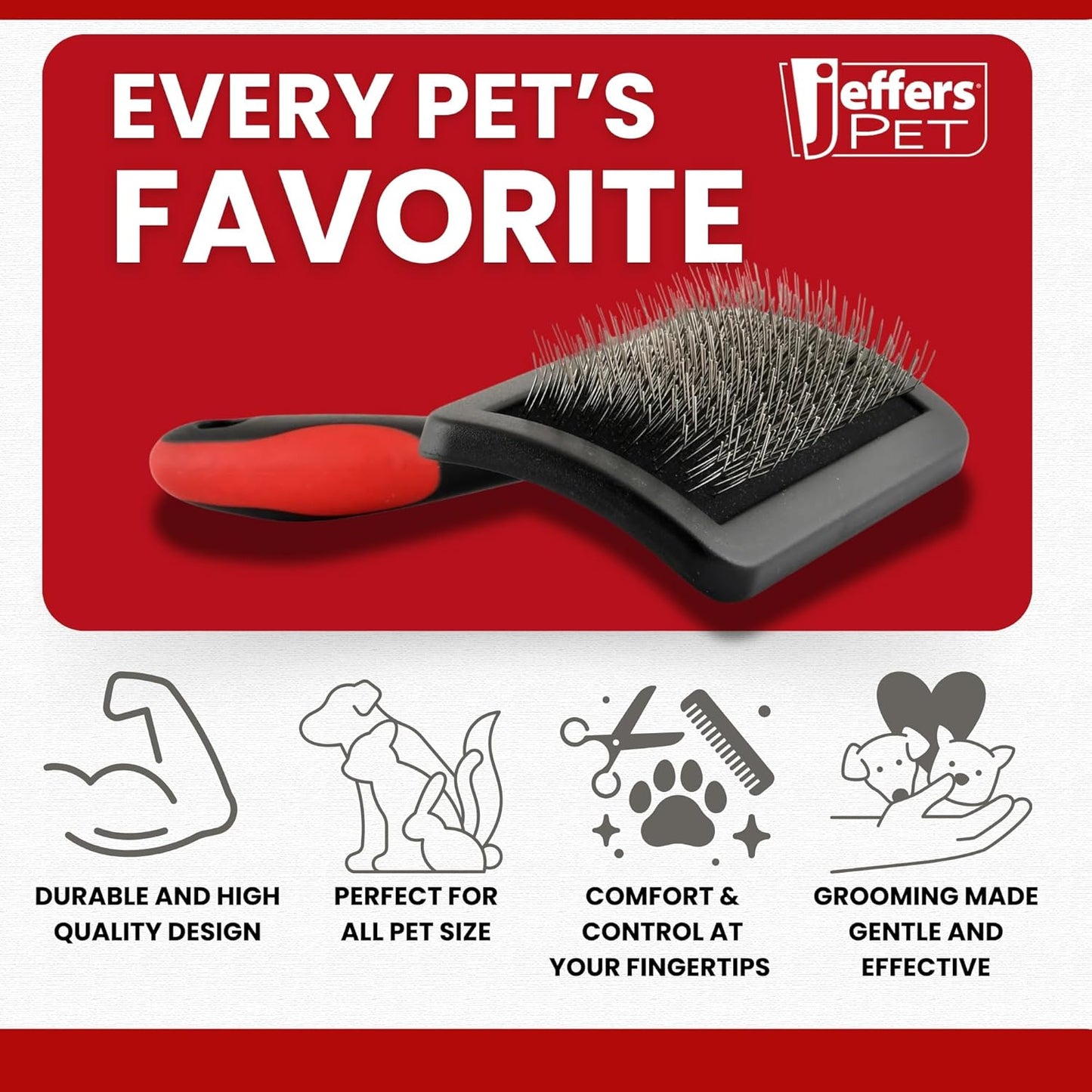 Jeffers Pet Soft Pin Universal Slicker Brush for Dogs & Cats – Soft, Flexible Bristles for Sensitive Skin, Curved Head for Better Coat Penetration, Non-Slip Grip – Black, Red - Small