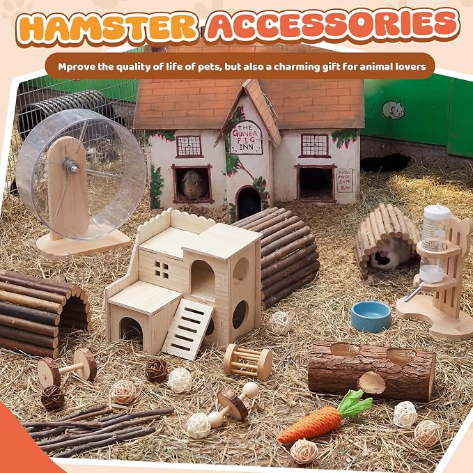40 Pcs Hamster Cage Accessories, 9.5'' Exercise Wheel, Wood Platform Hideout House, Water Bottle, Sand Bath, Bowl, Chew Toy for Syrian Hamsters Mice Gerbils Habitat Decor (Natural Style)