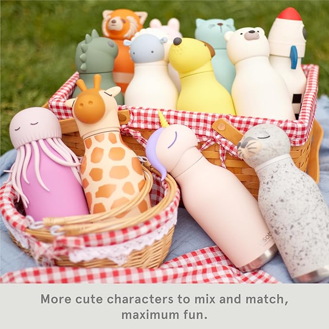 asobu Bestie Bottle Insulated Stainless Steel Water Bottle with Detachable Soft Animal Head Fun Drinking For Kids and Teens with Flexible Reusable Straw 16 Ounce (Seal White)