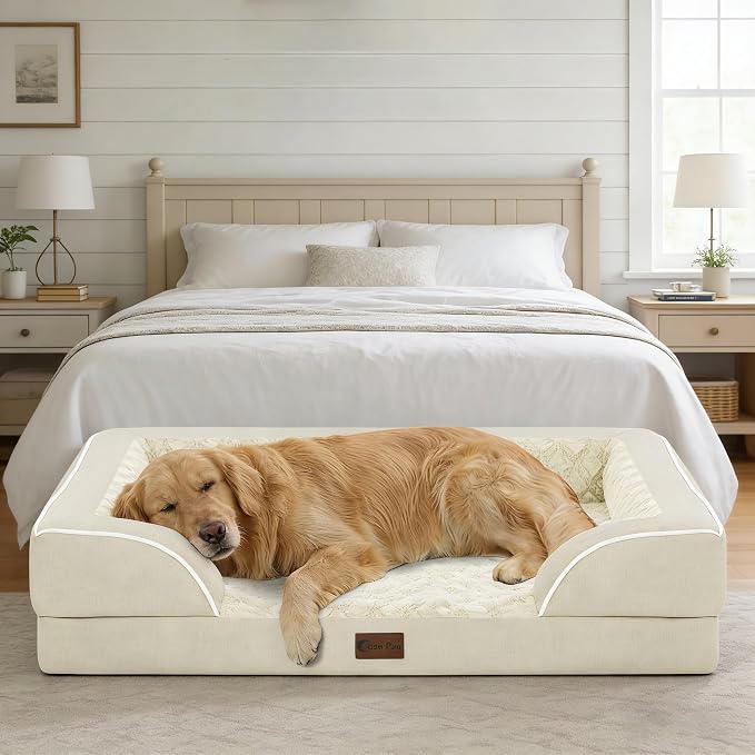 Orthopedic Dog Beds for Large Medium Sized Dogs 36x27 Inch, Medium Waterproof Memory Foam Dog Sofa Bed with Removable Washable Cover Pet Couch with Bolster, Beige
