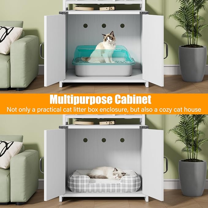 Kepptory Wooden Cat Litter Box Enclosure Furniture with Open Storage Shelves, Hidden Kitty Litter Box Cabinet Side Entrance, Multi-Purpose Cat House Cat Feeder Stand for Indoor Cats, White