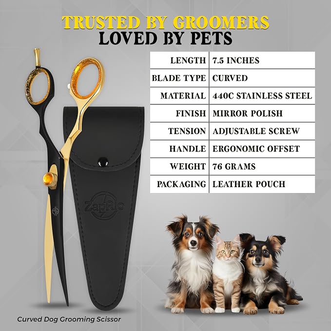 7.5 Inch Curved Grooming Scissors for Dogs and Cats – Professional Pet Grooming Shears for Face, Paws, Body and Tail – Sharp, Smooth, Ergonomic Curved Blades for Salon Groomers and Home Use