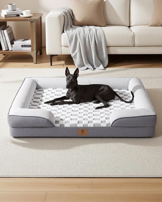 KSIIA Waterproof Dog Bed Orthopedic for Large Senior Dog Couch with Sides, Extra Thick Supportive Pet Bed Sofa with Soft Plush Cover and Non-Slip Bottom, 44 x 32 Inch, Grey