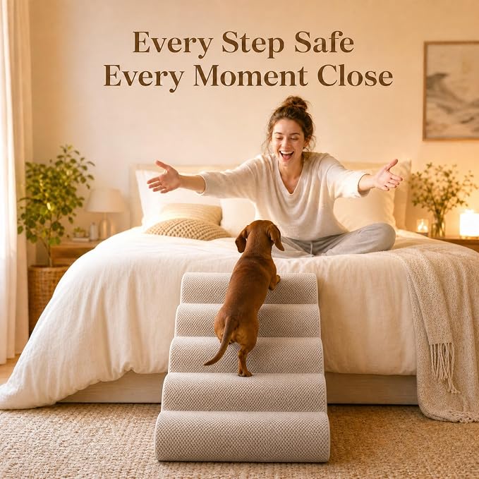 Dog Ramp for Bed,Pet Ramp for High Bed,Dog Stairs for Small & Medium Dogs,Curved Non-Slip Ladder for Older Dogs & Cats,24.4" H,5-Step(Blue)