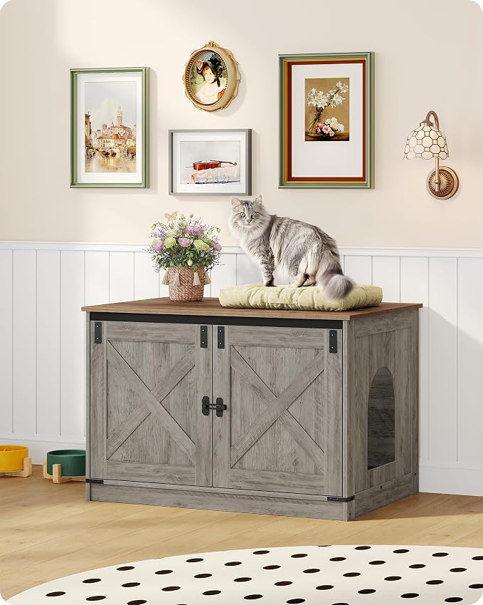 Hzuaneri Cat Litter Box Enclosure with Cushion, Hidden Litter Box Furniture with Removable Dividers, Reversible Entrance Left or Right Side, Cat House, Greige CB84605X