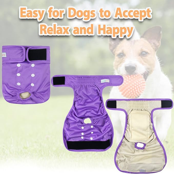 Langsprit Washable Female Dog Diapers (3 Pack) - No Leak Reusable Diapers for Doggy Female in Period - Highly Absorbent Dog Heat Panties with Adjustable Snaps (Black, Pink, Purple, Large)
