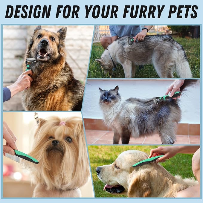 Docrok Pet Grooming Brush and Metal Comb Combo, Cat Brush Dog Brush for Shedding, Undercoat Rake for Dogs Grooming, Dematting Deshedding Brush Dogs Shedding Tool for Long matted Haired Pets, Green