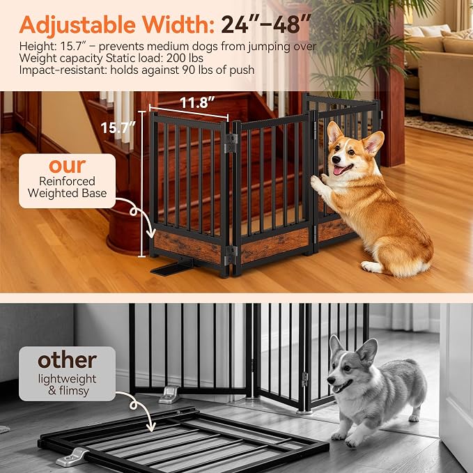 Dog Gate for Small Dogs, 15.7" Short No Drill Foldable Reinforced Base Pet Fence, Heavy Duty Step-Over Doorway Puppy Barrier, Anti-Tip Metal Frame, Supports 200+ lbs, Black