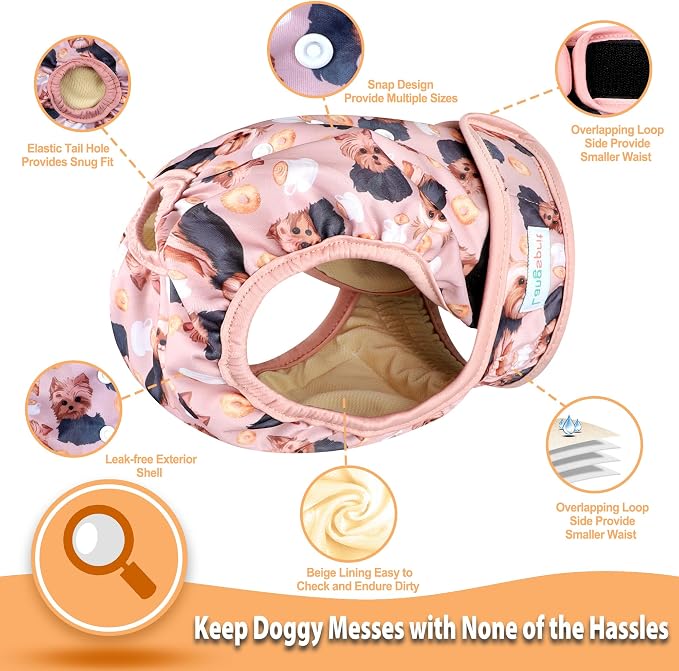 Langsprit Washable Female Dog Diapers (3 Pack) - No Leak Reusable Diapers for Doggy Female in Period - Highly Absorbent Dog Heat Panties with Adjustable Snaps S Size