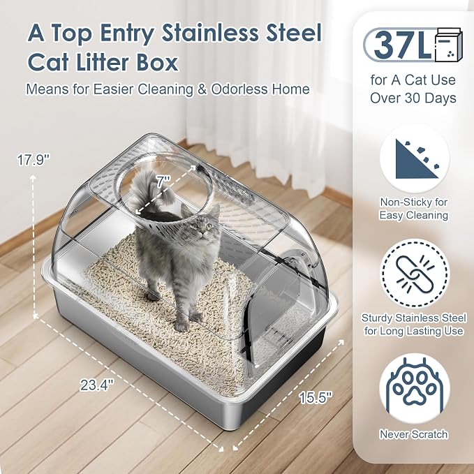 Stainless Steel Top Entry Litter Box with Dog-Proof, Hooded Stainless Steel Litter Box with Filter Lid & Scoop for Low Tracking, Enclosed Cat Litter Boxes for Anti-Leakage Metal Litter Pan