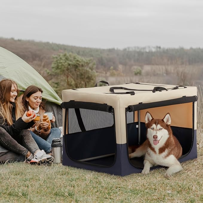 36" Collapsible Dog Crate for Large Dogs - Portable Soft Travel Kennel with Lockable Zippers, Waterproof Base, Washable Cover, Patented Screw Frame for Adjustable Tension, Outdoor, Indoor, Car Use